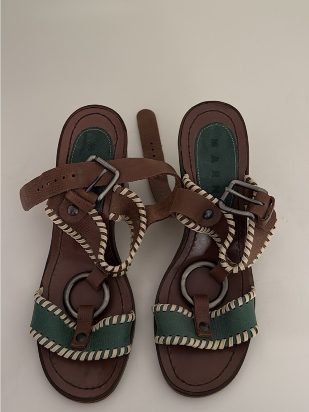 Marni Brown Leather Heels with Green Accent